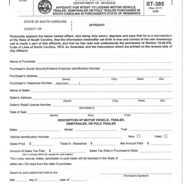 Affidavit for Intent to License Motor Vehicle (ST-385)