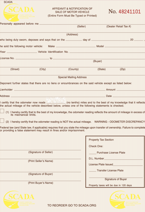 **NEW** 1-Part PTO-81 Affidavit & Notification of Sale of Motor Vehicle